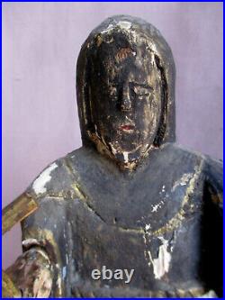 Antique Early 15 Carved Wood Painted Religious Saint or Monk figure