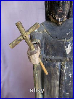 Antique Early 15 Carved Wood Painted Religious Saint or Monk figure