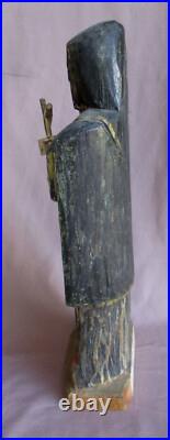 Antique Early 15 Carved Wood Painted Religious Saint or Monk figure