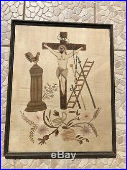 Antique Early 20c Crucifixion Jesus Christ Religious Primitive Folk Art Painting