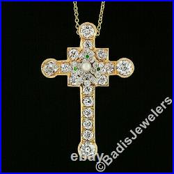 Antique Edwardian 18k Gold Old Diamond Tsavorite Pearl Cross Pendant Necklace