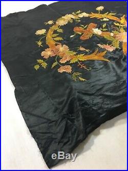 Antique Embroidery Black Silk Religious Cross Floral