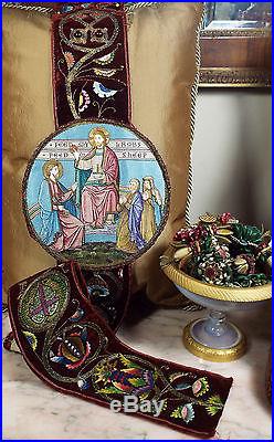 Antique English Gothic Religious Orphrey Embroidered Silk Gold Metallic Jewels