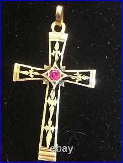 Antique Estate 14k Gold Cross Pendant Red Gemstone Religious Christianity
