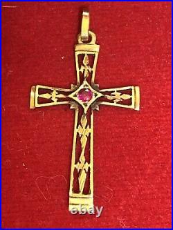 Antique Estate 14k Gold Cross Pendant Red Gemstone Religious Christianity