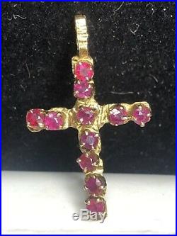 Antique Estate 14k Gold Natural Red Ruby Cross Pendant Religious