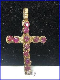 Antique Estate 14k Gold Natural Red Ruby Cross Pendant Religious