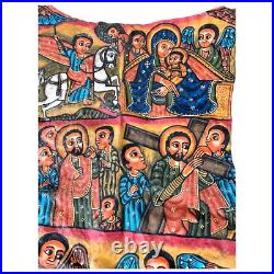 Antique Ethiopian Hand-Painted Leather Icon Religious Biblical Scenes, Ethiopi Antique Ethiopian Hand-Painted Leather Icon Religious Biblical Scenes, Ethiopi