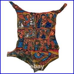 Antique Ethiopian Hand-Painted Leather Icon Religious Biblical Scenes, Ethiopi Antique Ethiopian Hand-Painted Leather Icon Religious Biblical Scenes, Ethiopi