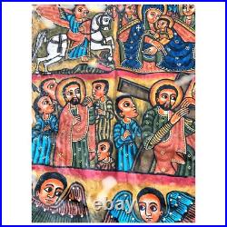 Antique Ethiopian Hand-Painted Leather Icon Religious Biblical Scenes, Ethiopi Antique Ethiopian Hand-Painted Leather Icon Religious Biblical Scenes, Ethiopi