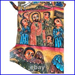 Antique Ethiopian Hand-Painted Leather Icon Religious Biblical Scenes, Ethiopi Antique Ethiopian Hand-Painted Leather Icon Religious Biblical Scenes, Ethiopi