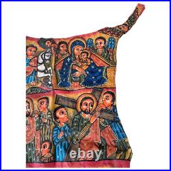 Antique Ethiopian Hand-Painted Leather Icon Religious Biblical Scenes, Ethiopi Antique Ethiopian Hand-Painted Leather Icon Religious Biblical Scenes, Ethiopi