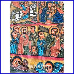 Antique Ethiopian Hand-Painted Leather Icon Religious Biblical Scenes, Ethiopi Antique Ethiopian Hand-Painted Leather Icon Religious Biblical Scenes, Ethiopi