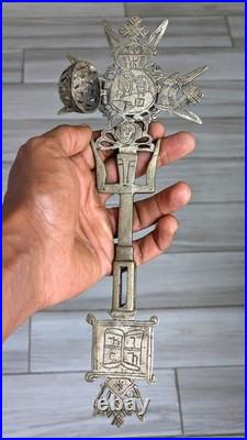 Antique Ethiopian Processional Hand Cross Silvered Brass Religious Icon Coptic