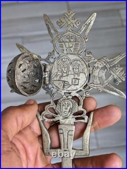 Antique Ethiopian Processional Hand Cross Silvered Brass Religious Icon Coptic