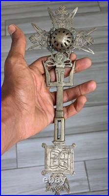 Antique Ethiopian Processional Hand Cross Silvered Brass Religious Icon Coptic