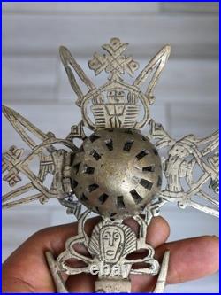 Antique Ethiopian Processional Hand Cross Silvered Brass Religious Icon Coptic