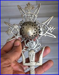 Antique Ethiopian Processional Hand Cross Silvered Brass Religious Icon Coptic