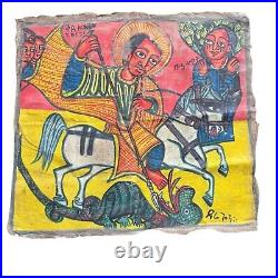 Antique Ethiopian Religious Icon Painting Saint George Slaying the Dragon