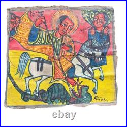 Antique Ethiopian Religious Icon Painting Saint George Slaying the Dragon