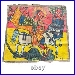 Antique Ethiopian Religious Icon Painting Saint George Slaying the Dragon
