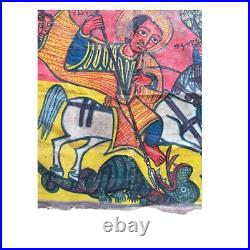 Antique Ethiopian Religious Icon Painting Saint George Slaying the Dragon
