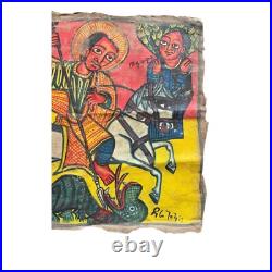 Antique Ethiopian Religious Icon Painting Saint George Slaying the Dragon