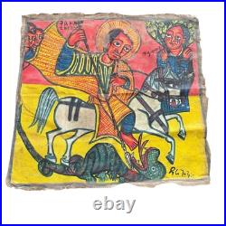 Antique Ethiopian Religious Icon Painting Saint George Slaying the Dragon