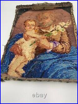 Antique Fine Needlepoint Sampler Saint Joseph Infant Jesus Early 1800s