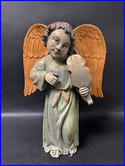 Antique Finished Carved Wood Religious Standing Angel