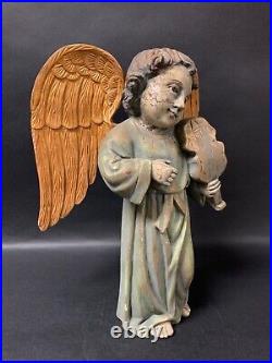 Antique Finished Carved Wood Religious Standing Angel