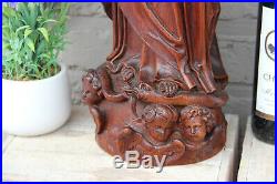 Antique Flemish 1800 Wood oak carved madonna putti angels snake religious rare