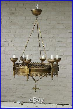 Antique Flemish Church Bronze copper Chandelier candle holder religious