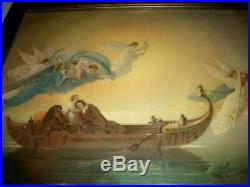 Antique Flying Angels Boat Print Bible Story Religious Wavy Glass Wood Back Old
