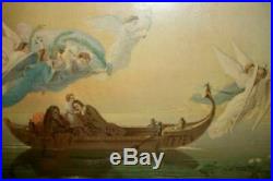 Antique Flying Angels Boat Print Bible Story Religious Wavy Glass Wood Back Old