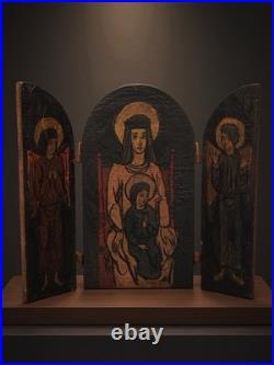 Antique Folk Art Wooden Triptych Madonna Child Angels Religious Icon Hinged Door