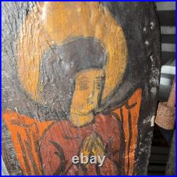 Antique Folk Art Wooden Triptych Madonna Child Angels Religious Icon Hinged Door