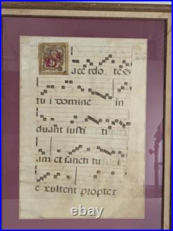 Antique Framed Antiphonal Illuminated Gregorian Chant Manuscript- 2 Sided Vellum
