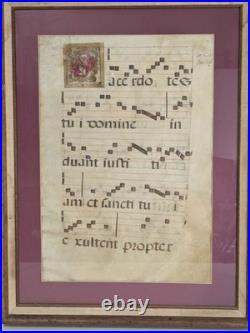 Antique Framed Antiphonal Illuminated Gregorian Chant Manuscript- 2 Sided Vellum