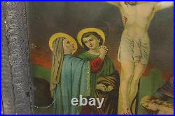 Antique Framed Religious Christianity Print Crucifixion Of Christ Large Color