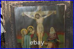 Antique Framed Religious Christianity Print Crucifixion Of Christ Large Color