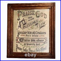 Antique Framed Religious Needlepoint Doxology Praise God All Blessings Flow