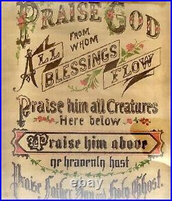 Antique Framed Religious Needlepoint Doxology Praise God All Blessings Flow