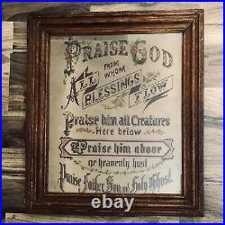 Antique Framed Religious Needlepoint Doxology Praise God All Blessings Flow