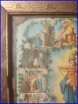 Antique Framed Religious Print Mary & Infant Jesus Life Of Gesso Guilded Frame