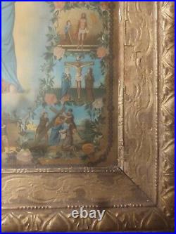 Antique Framed Religious Print Mary & Infant Jesus Life Of Gesso Guilded Frame