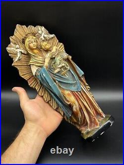 Antique French 14.5 Ceramic Madonna Child Statue Religious Angels Polychrome