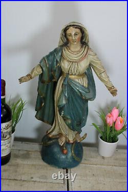 Antique French 1800s gothic wood carved MAdonna Figurine statue church religious