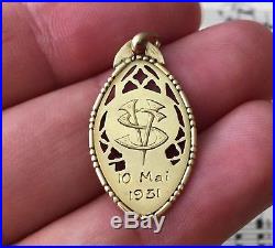Antique French 18k Yellow Gold Religious Signed Medal Madonna Flowers c1931