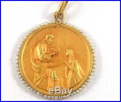Antique French 3D Religious Medal in 18K Gold With Mini Natural Sea Pearls